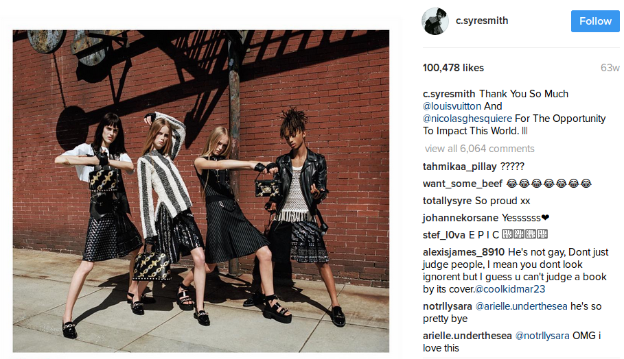 Jaden Smith poseeraa hameessa Louis Vuittonin mainoksessa