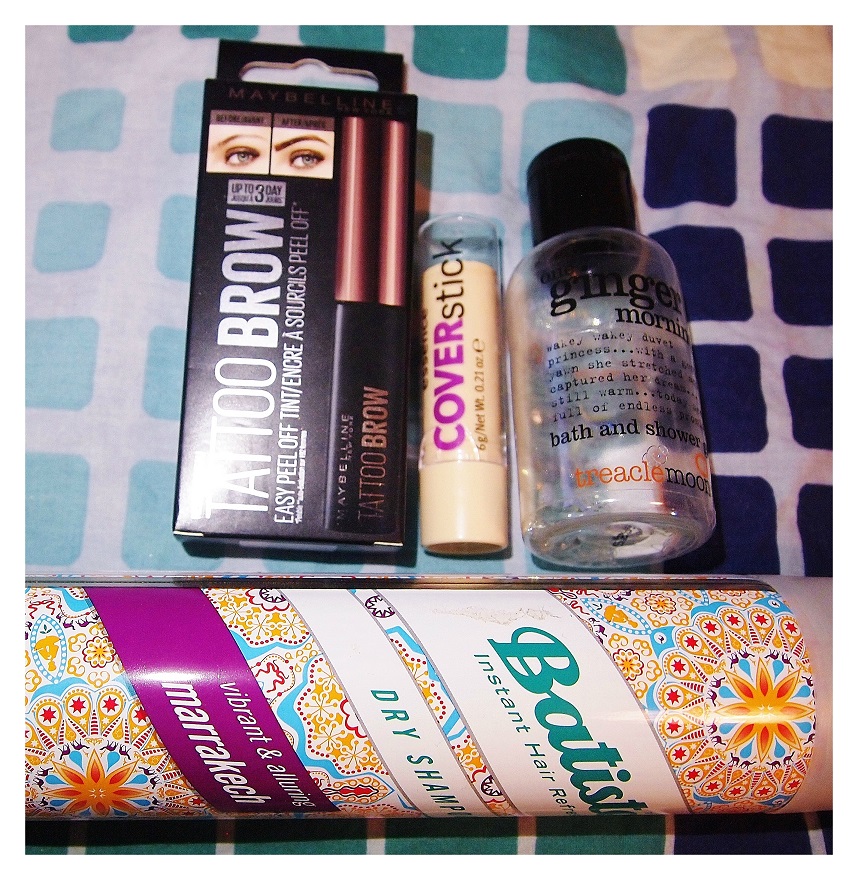 Treaclemoon One Ginger Morning Bath And Shower Gel, Essence Cover Stick, Maybelline New York Tattoo Brow Easy Peel-Off Tint, Batiste Dry Shampoo Marrakech