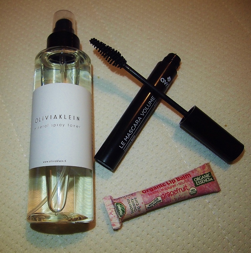 Avril Le Mascara Volume, Organic Essence Grapefruit Lip Balm, Olivia Klein Mineral Spray Toner