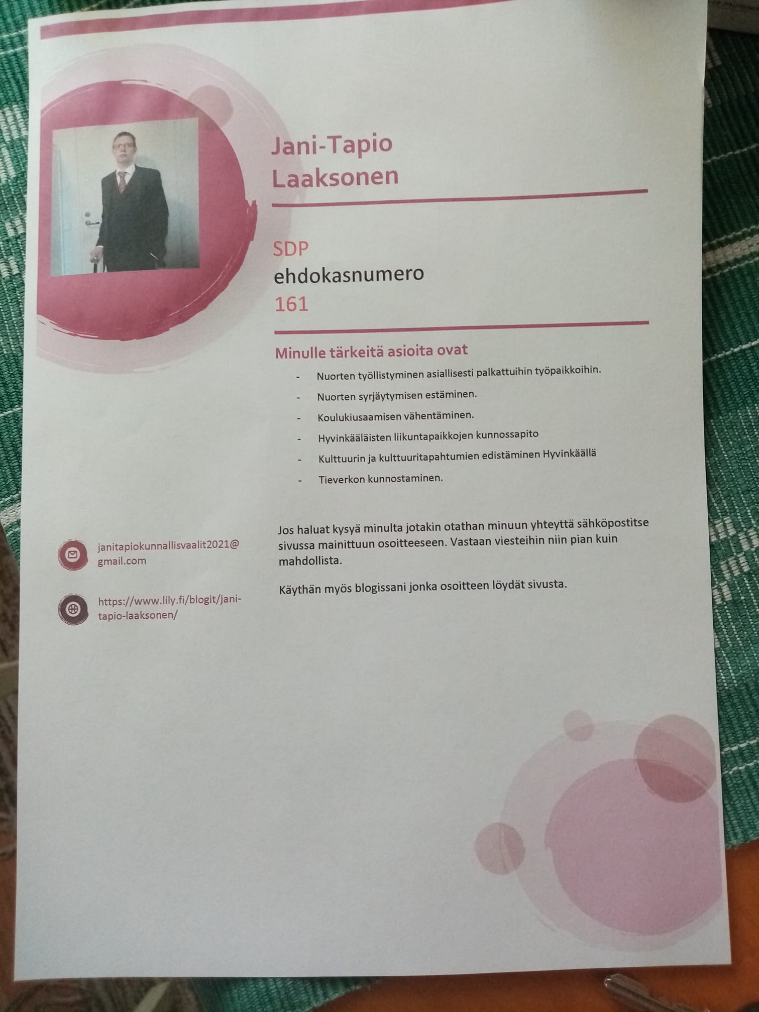 Olen kunnallisvaaliehdokas (Hyvinkäällä) – Jani-Tapio Laaksonen | Lily
