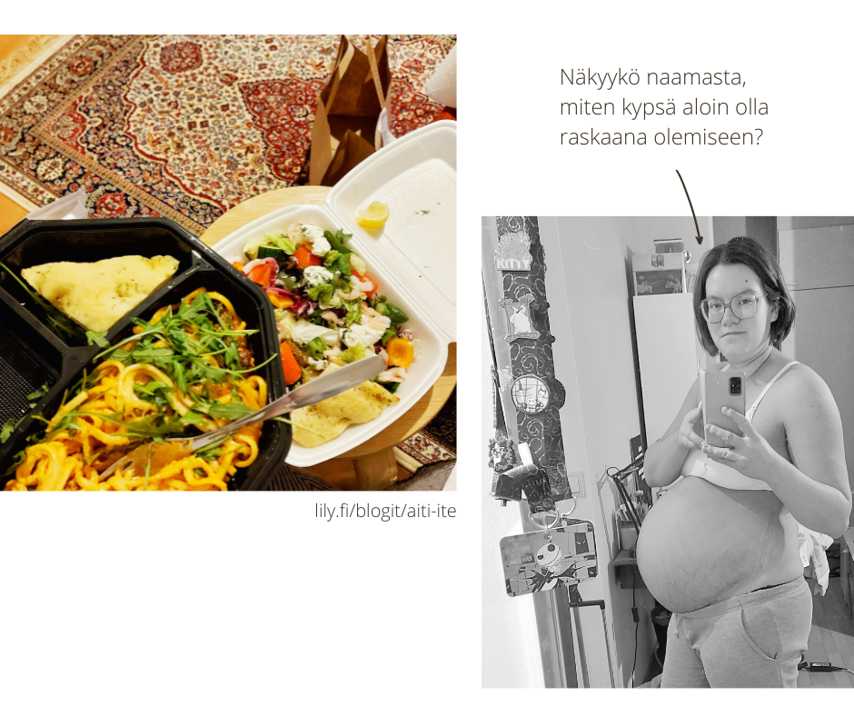 Kaksi valokuvaa, toisessa ravintolasta tilattu takeaway-pasta ja salaatti, toisessa viimeisillään raskaana oleva nainen peiliselfiessä.
