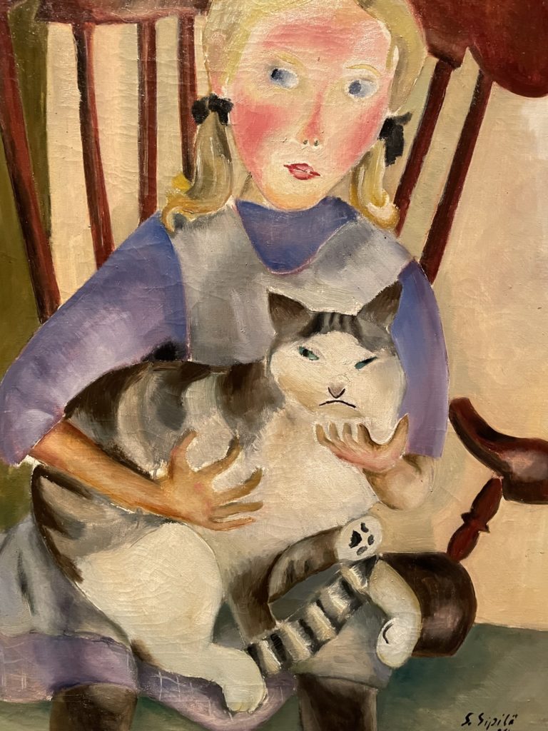 Tyttö ja kissa -maalaus.