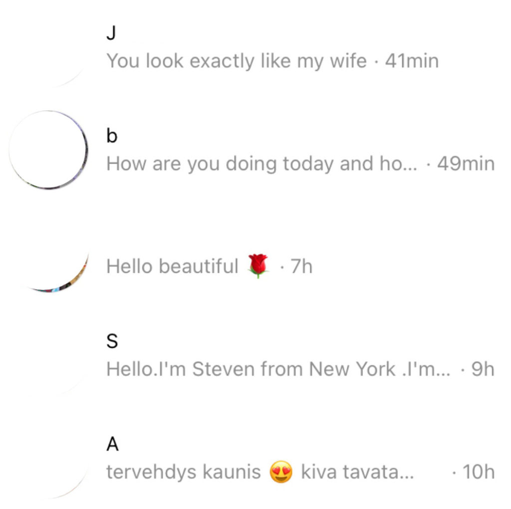 Kuva instan inboxista, jossa kaikki ovat epämääräisiltä miehiltä.