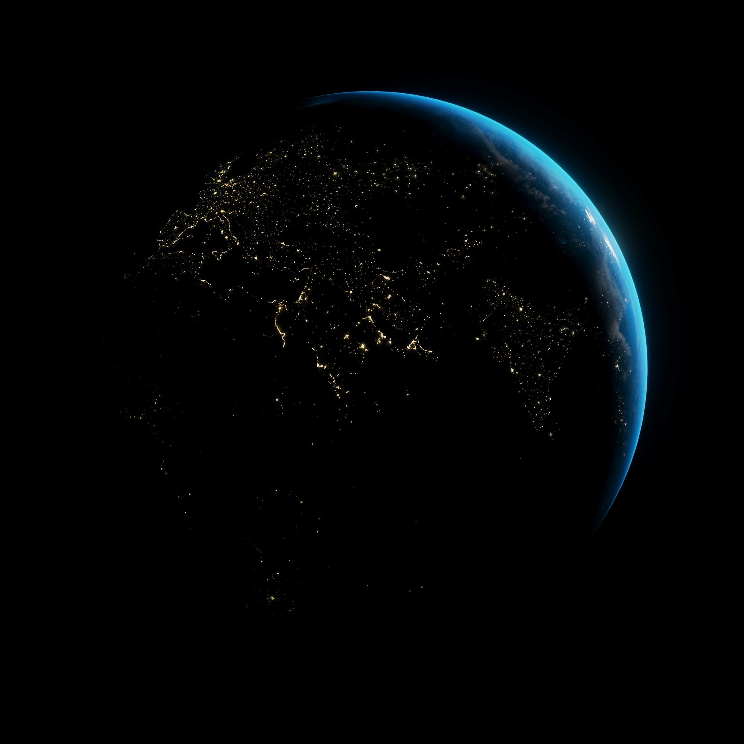 Kuva maapallon pimeästä puolesta yöaikaan.